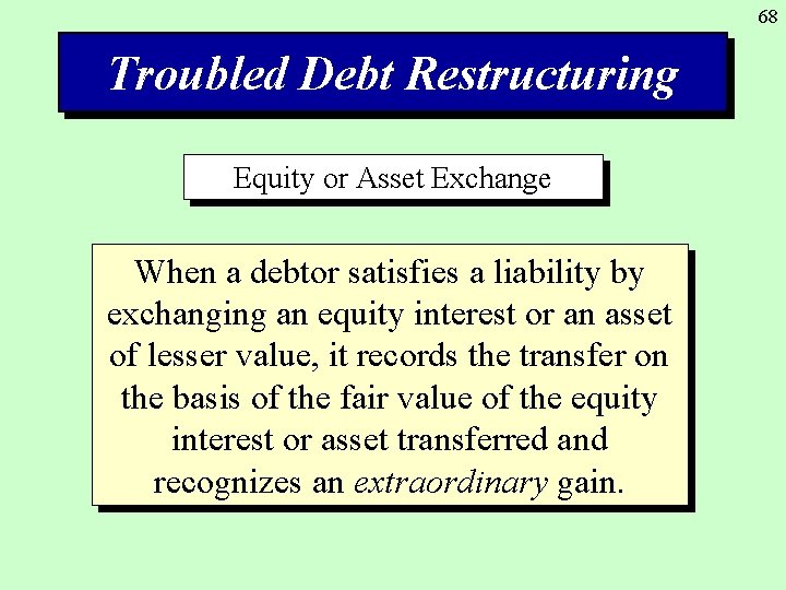 68 Troubled Debt Restructuring Equity or Asset Exchange When a debtor satisfies a liability