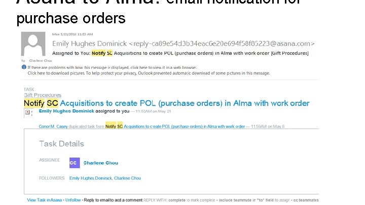 Asana to Alma: email notification for purchase orders 