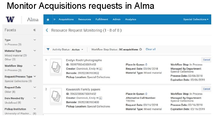 Monitor Acquisitions requests in Alma 