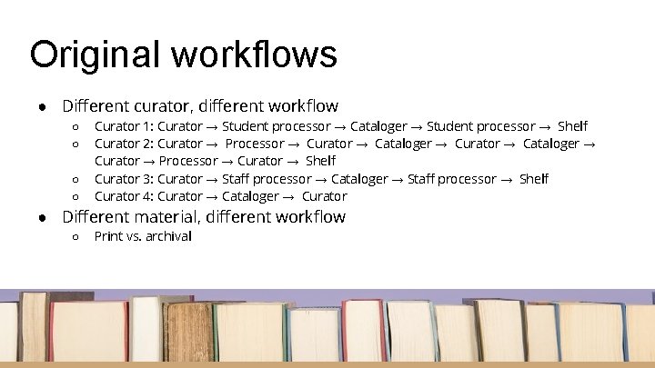 Original workflows ● Different curator, different workflow ○ ○ Curator 1: Curator → Student
