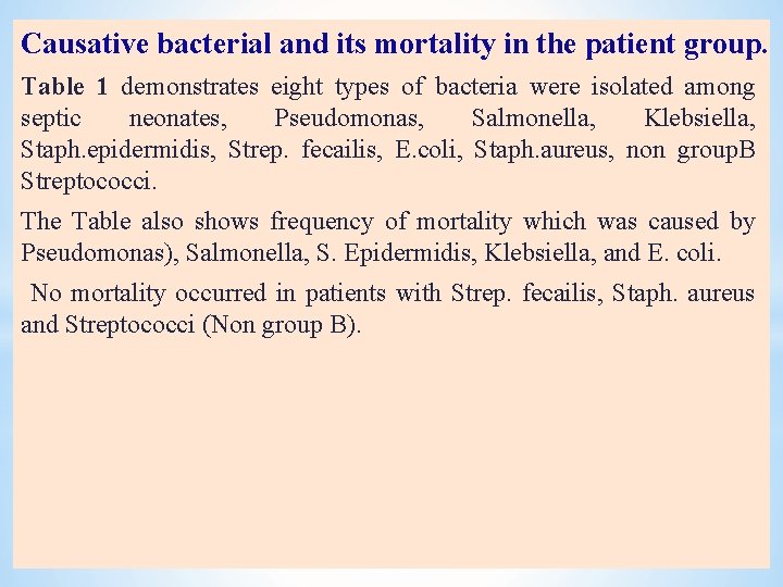 Causative bacterial and its mortality in the patient group. Table 1 demonstrates eight types