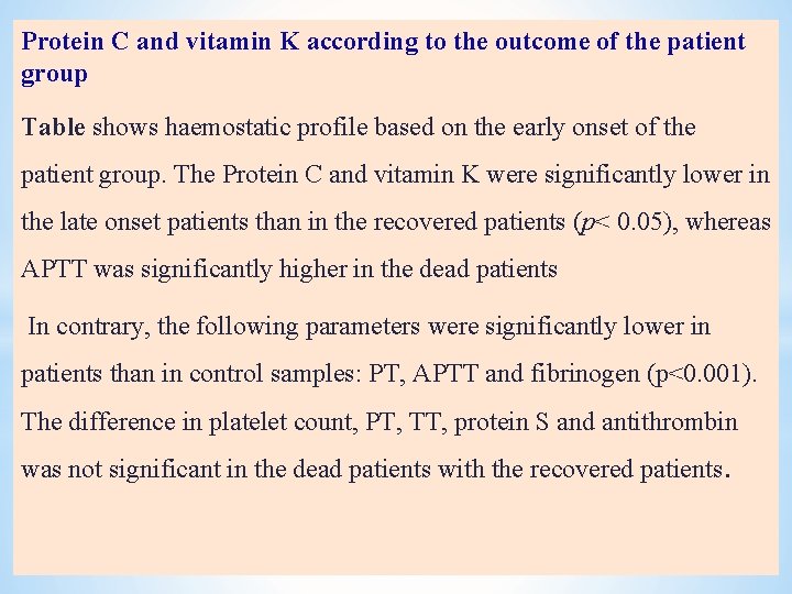 Protein C and vitamin K according to the outcome of the patient group Table