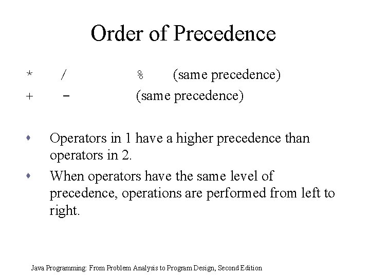 Order of Precedence * + s s / - % (same precedence) Operators in