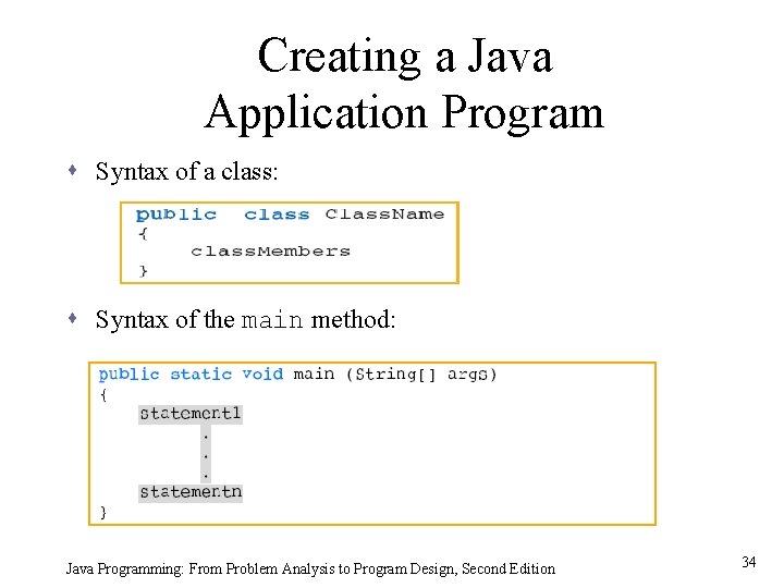 Creating a Java Application Program s Syntax of a class: s Syntax of the