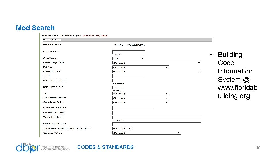 Mod Search • Building Code Information System @ www. floridab uilding. org CODES &