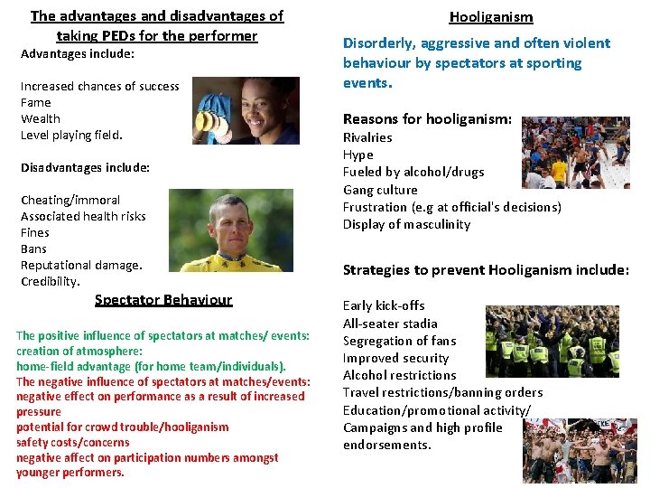The advantages and disadvantages of taking PEDs for the performer Advantages include: Increased chances
