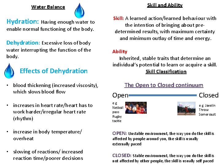 Skill and Ability Water Balance Hydration: Having enough water to enable normal functioning of