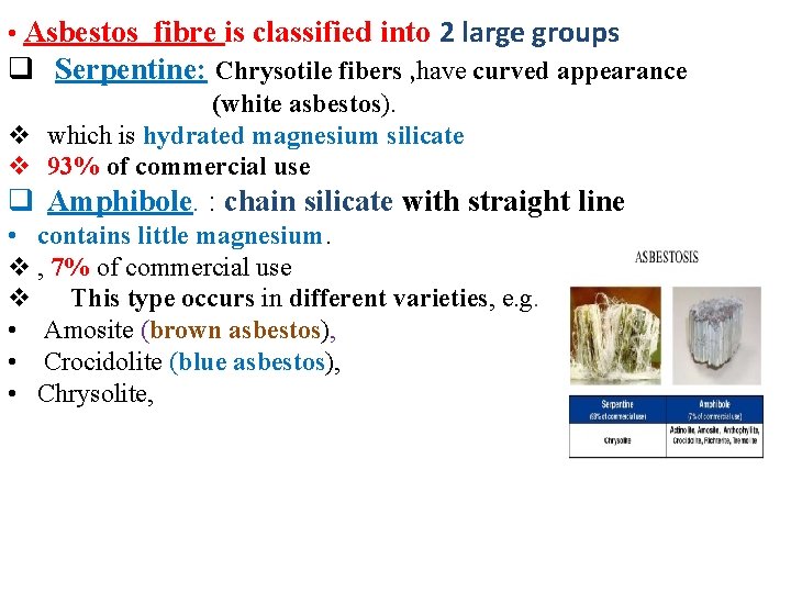  • Asbestos fibre is classified into 2 large groups q Serpentine: Chrysotile fibers