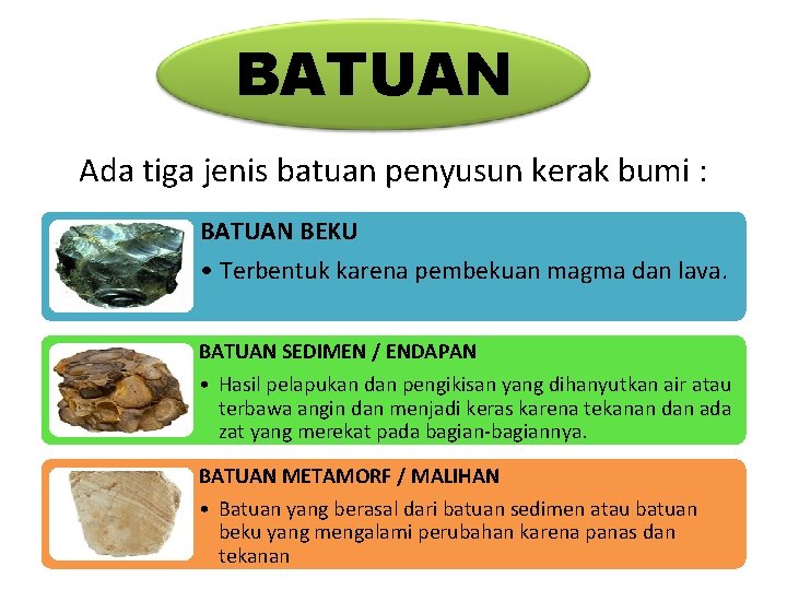 BATUAN Ada tiga jenis batuan penyusun kerak bumi : BATUAN BEKU • Terbentuk karena