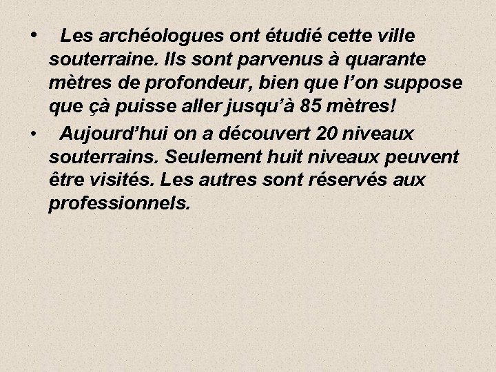  • Les archéologues ont étudié cette ville souterraine. Ils sont parvenus à quarante