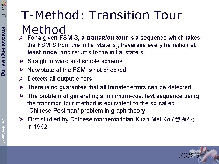 Protocol Engineering T-Method: Transition Tour Method Ø For a given FSM S, a transition