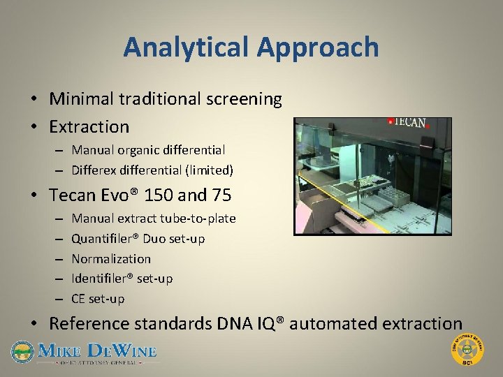 Analytical Approach • Minimal traditional screening • Extraction – Manual organic differential – Differex