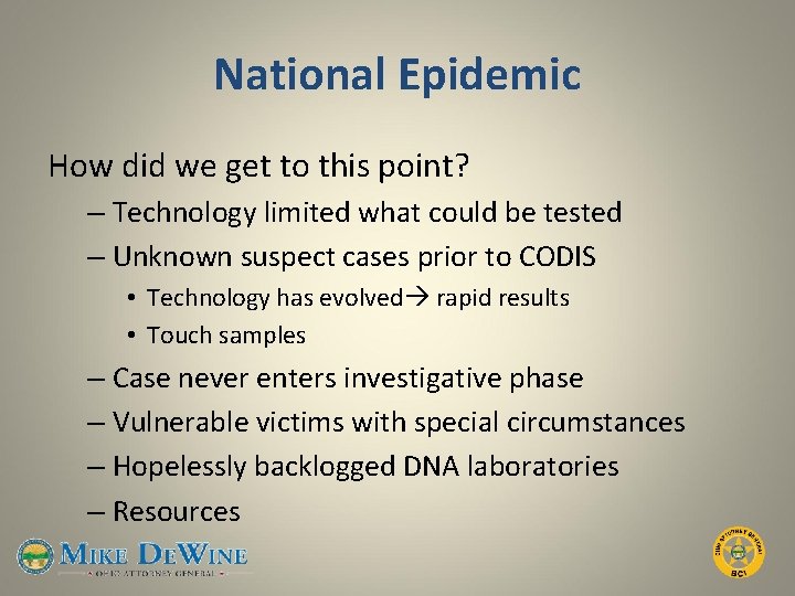 National Epidemic How did we get to this point? – Technology limited what could