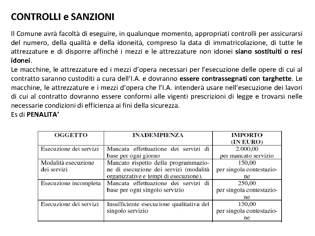 CONTROLLI e SANZIONI Il Comune avrà facoltà di eseguire, in qualunque momento, appropriati controlli