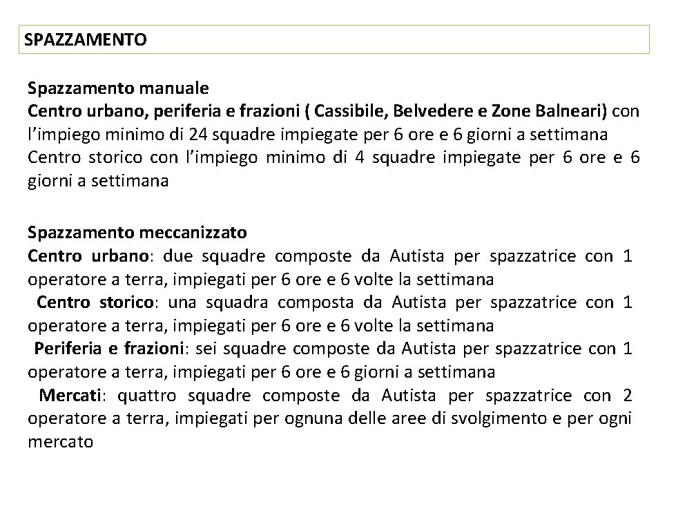 SPAZZAMENTO Spazzamento manuale Centro urbano, periferia e frazioni ( Cassibile, Belvedere e Zone Balneari)