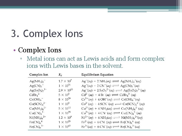 3. Complex Ions • Complex Ions ▫ Metal ions can act as Lewis acids