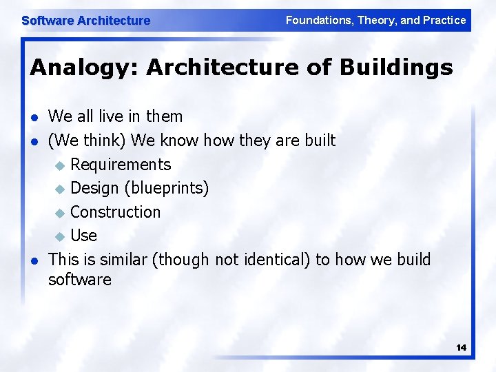 Software Architecture Foundations, Theory, and Practice Analogy: Architecture of Buildings l l l We