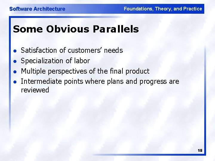 Software Architecture Foundations, Theory, and Practice Some Obvious Parallels l l Satisfaction of customers’
