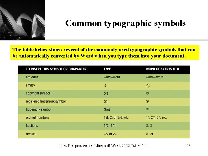 Common typographic symbols XP The table below shows several of the commonly used typographic