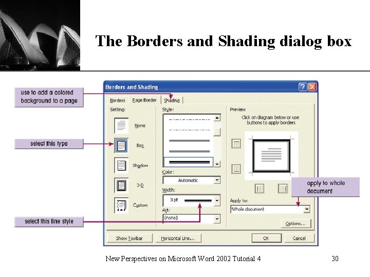 XP The Borders and Shading dialog box New Perspectives on Microsoft Word 2002 Tutorial