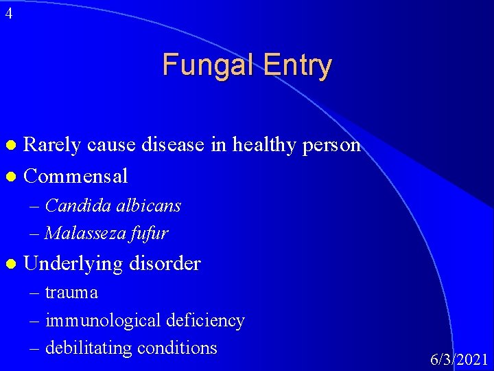 4 Fungal Entry Rarely cause disease in healthy person l Commensal l – Candida