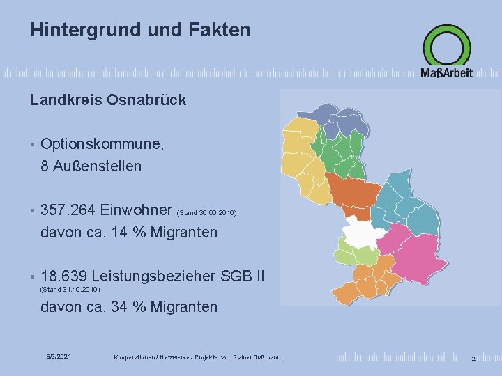 Hintergrund Fakten Landkreis Osnabrück § Optionskommune, 8 Außenstellen § 357. 264 Einwohner (Stand 30.