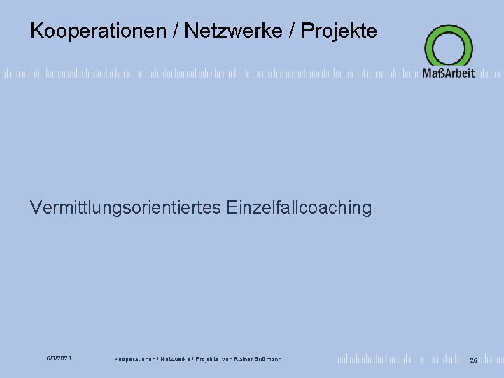 Kooperationen / Netzwerke / Projekte Vermittlungsorientiertes Einzelfallcoaching 6/3/2021 Kooperationen / Netzwerke / Projekte von