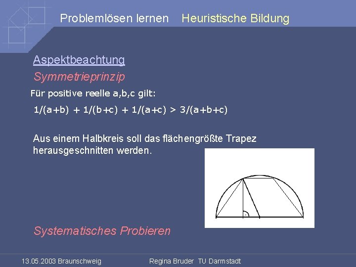 Problemlösen lernen Heuristische Bildung Aspektbeachtung Symmetrieprinzip Für positive reelle a, b, c gilt: 1/(a+b)