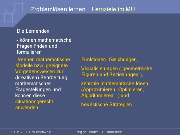 Problemlösen lernen Lernziele im MU Die Lernenden - können mathematische Fragen finden und formulieren