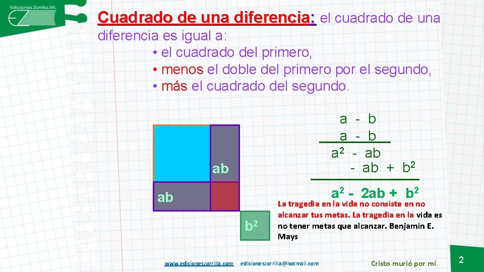 Cuadrado de una diferencia: el cuadrado de una diferencia es igual a: • el