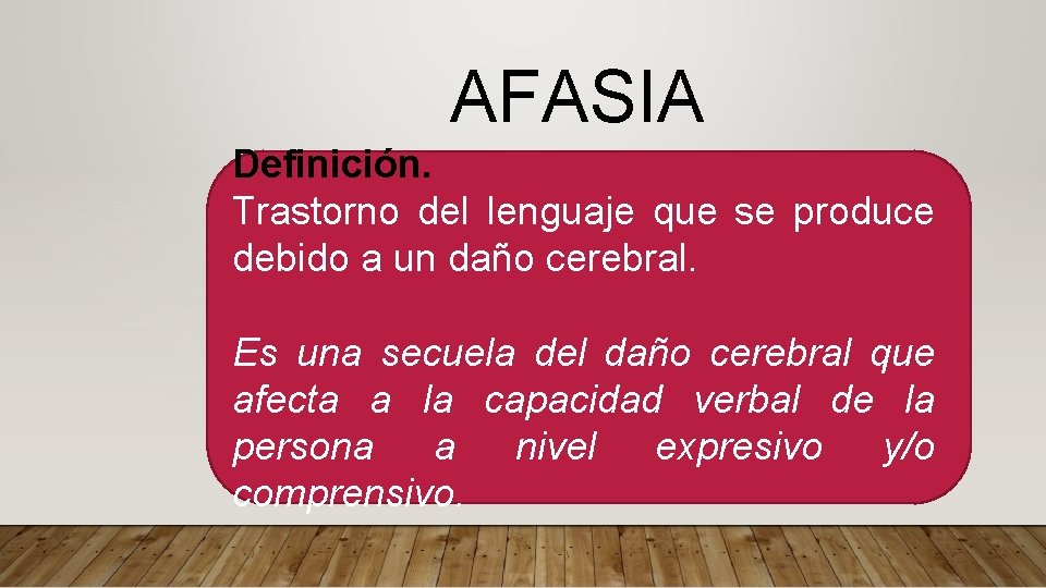 AFASIA Definición. Trastorno del lenguaje que se produce debido a un daño cerebral. Es