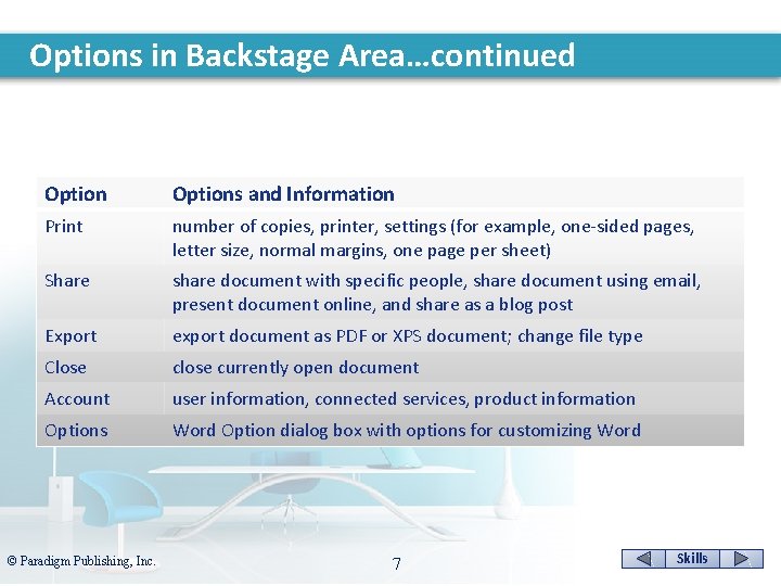 Options in Backstage Area…continued Options and Information Print number of copies, printer, settings (for