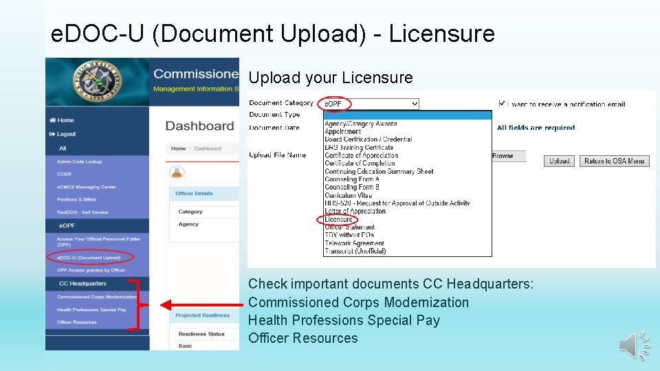 e. DOC-U (Document Upload) - Licensure Upload your Licensure Check important documents CC Headquarters: