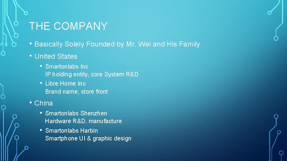 THE COMPANY • Basically Solely Founded by Mr. Wei and His Family • United