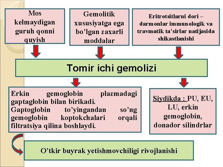 Mos kelmaydigan guruh qonni quyish Gemolitik xususiyatga ega bo’lgan zaxarli moddalar Eritrotsitlarni dori –