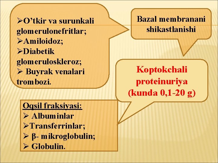 ØO’tkir va surunkali glomerulonefritlar; ØAmiloidoz; ØDiabetik glomeruloskleroz; Ø Buyrak venalari trombozi. Oqsil fraksiyasi: Ø