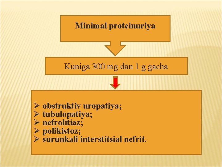 Minimal proteinuriya Kuniga 300 mg dan 1 g gacha Ø obstruktiv uropatiya; Ø tubulopatiya;