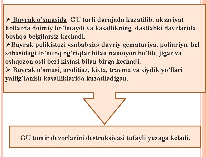 Ø Buyrak o’smasida GU turli darajada kuzatilib, aksariyat hollarda doimiy bo’lmaydi va kasallikning dastlabki