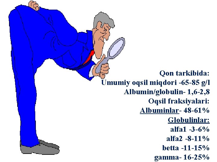 Qon tarkibida: Umumiy oqsil miqdori -65 -85 g/l Albumin/globulin- 1, 6 -2, 8 Oqsil