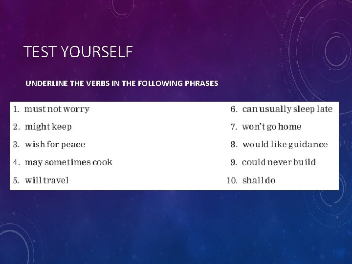 TEST YOURSELF UNDERLINE THE VERBS IN THE FOLLOWING PHRASES 