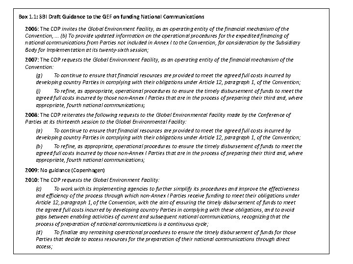 Box 1. 1: SBI Draft Guidance to the GEF on funding National Communications 2006: