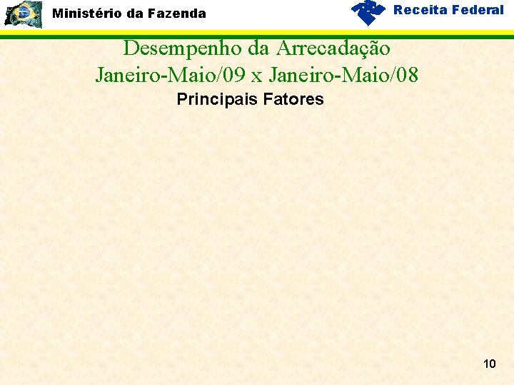 Ministério da Fazenda Receita Federal Desempenho da Arrecadação Janeiro-Maio/09 x Janeiro-Maio/08 Principais Fatores 10