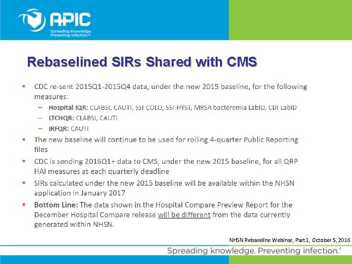 Rebaselined SIRs Shared with CMS NHSN Rebaseline Webinar, Part 1, October 5, 2016 