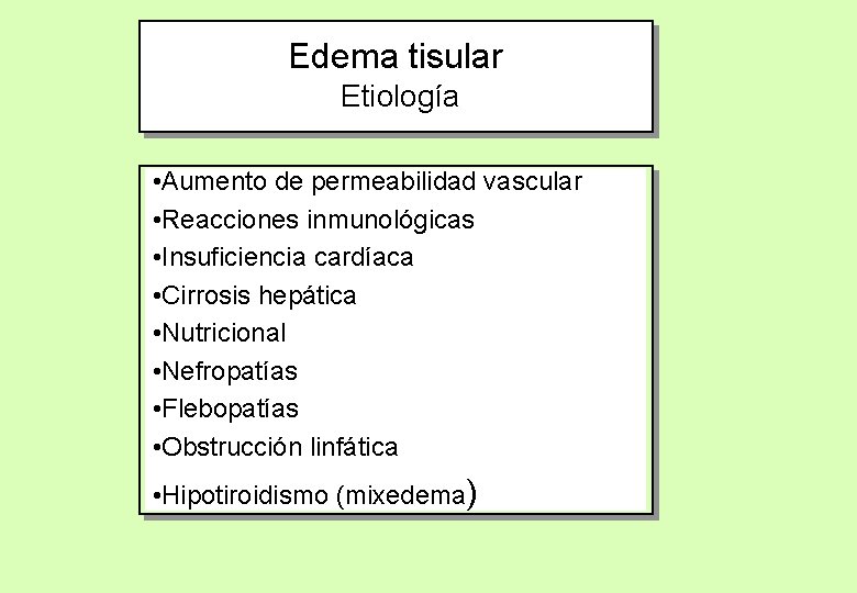 Edema tisular Etiología • Aumento de permeabilidad vascular • Reacciones inmunológicas • Insuficiencia cardíaca