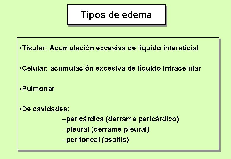 Tipos de edema • Tisular: Acumulación excesiva de líquido intersticial • Celular: acumulación excesiva