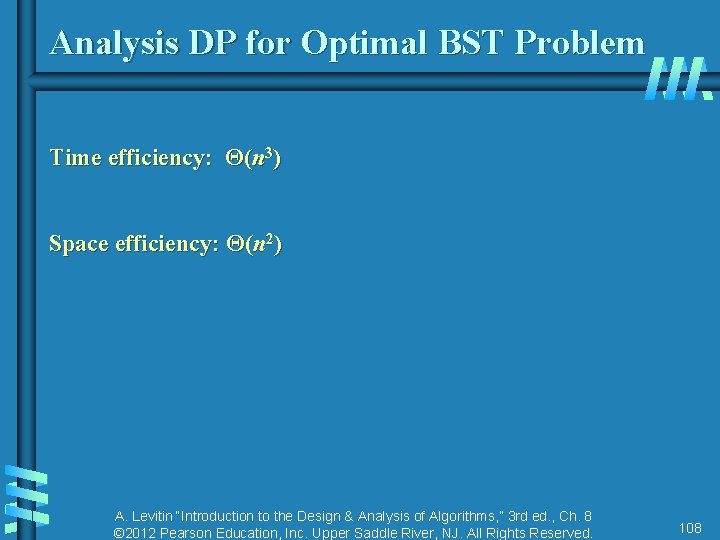 Analysis DP for Optimal BST Problem Time efficiency: Θ(n 3) Space efficiency: Θ(n 2) Analysis DP for Optimal BST Problem Time efficiency: Θ(n 3) Space efficiency: Θ(n 2)