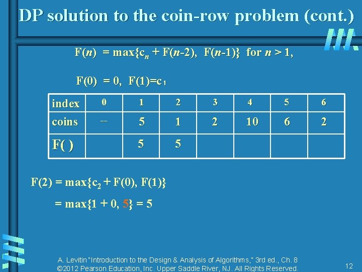 DP solution to the coin-row problem (cont. ) F(n) = max{cn + F(n-2), F(n-1)} DP solution to the coin-row problem (cont. ) F(n) = max{cn + F(n-2), F(n-1)}