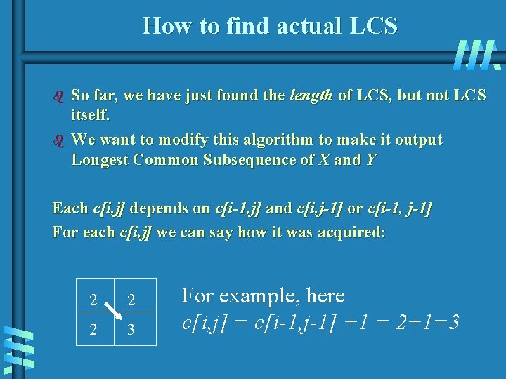 How to find actual LCS b b So far, we have just found the How to find actual LCS b b So far, we have just found the