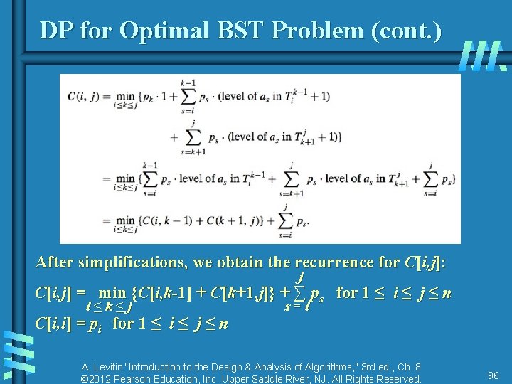 DP for Optimal BST Problem (cont. ) After simplifications, we obtain the recurrence for DP for Optimal BST Problem (cont. ) After simplifications, we obtain the recurrence for