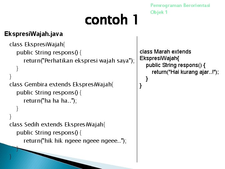 Ekspresi. Wajah. java contoh 1 Pemrograman Berorientasi Objek 1 class Ekspresi. Wajah{ class Marah Ekspresi. Wajah. java contoh 1 Pemrograman Berorientasi Objek 1 class Ekspresi. Wajah{ class Marah